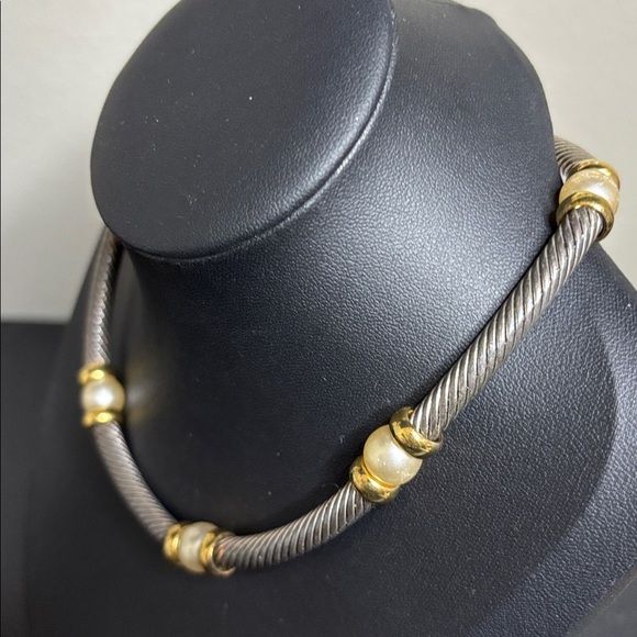 Elegant Two Tone Silver Gold Hampton Choker Cable Pearl Beaded Necklace - Picture 2 of 7
